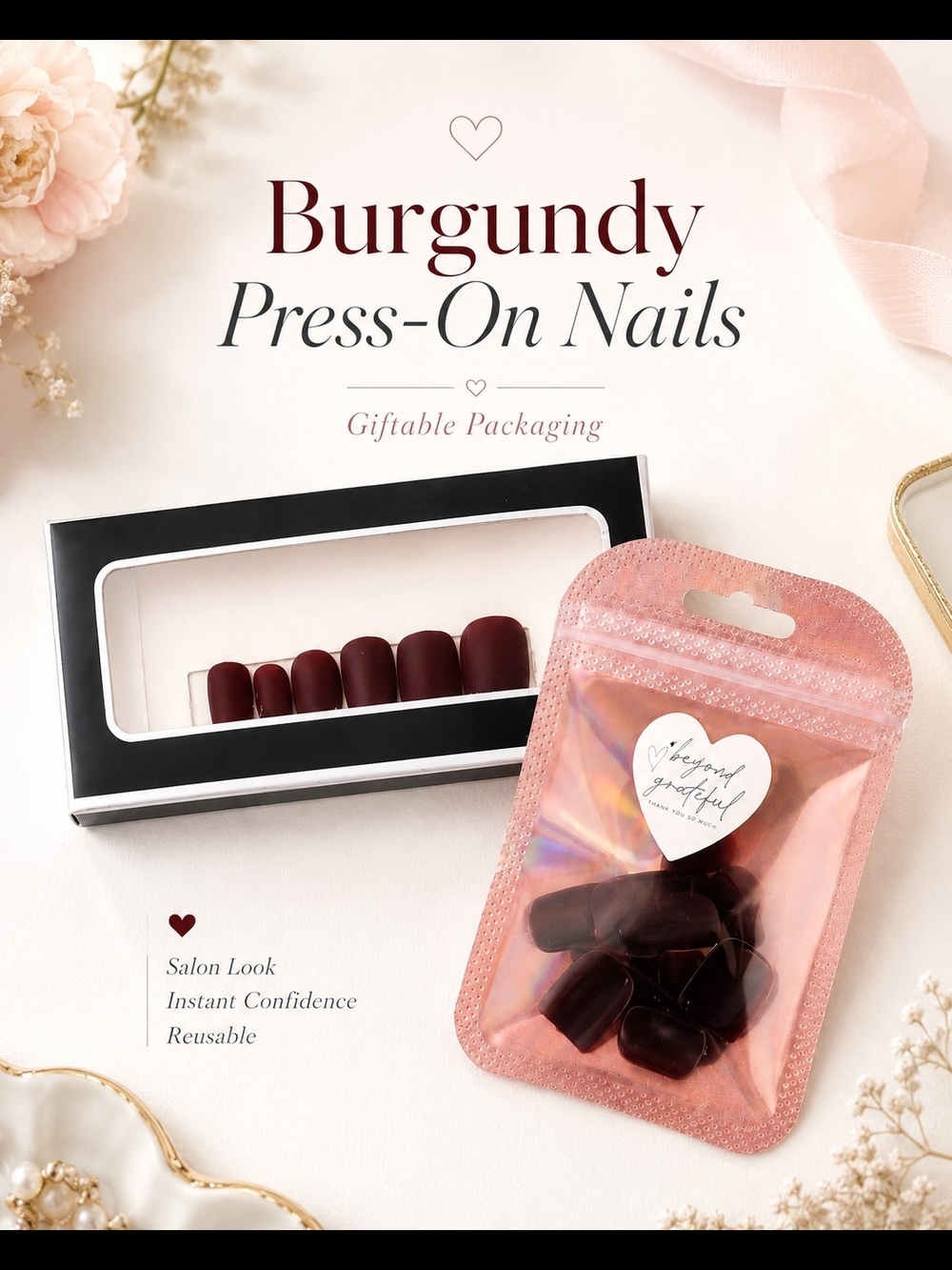 Burgundy Press-On Nails - Reusable Salon Look